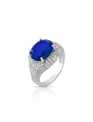 Anel Cravejado Pedra Oval Banho Ródio Cristal Fusion e Zircônia