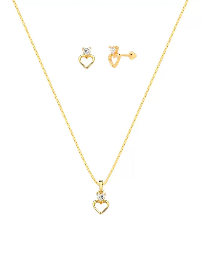 Conjunto Infantil Dois Corações Banho Ouro Zircônia
