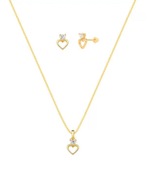 Conjunto Infantil Dois Corações Banho Ouro Zircônia