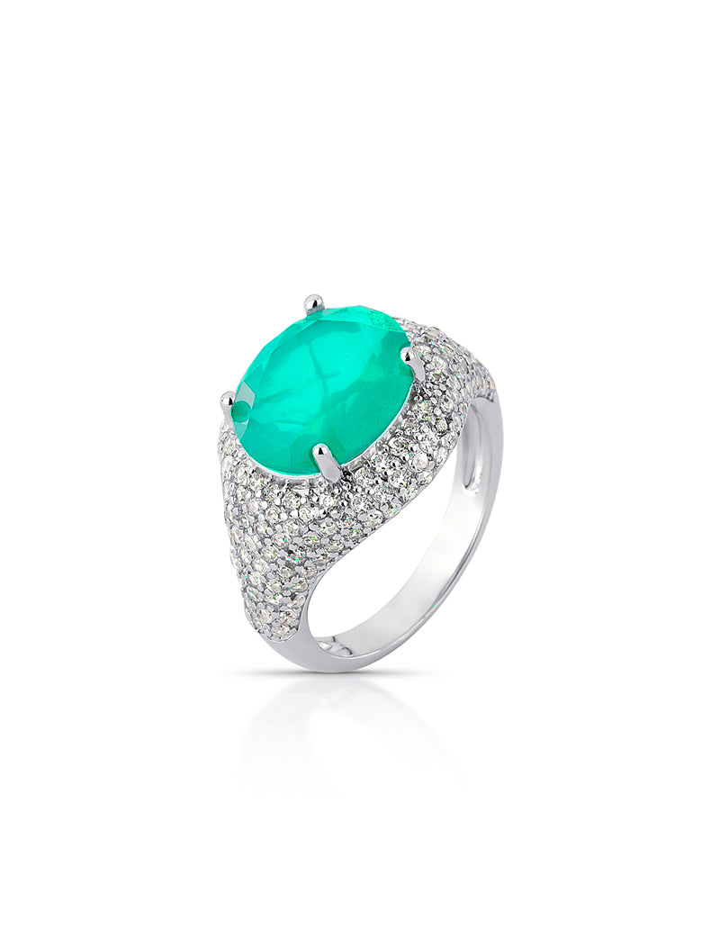 Anel Cravejado Pedra Oval Banho Ródio Cristal Fusion e Zircônia