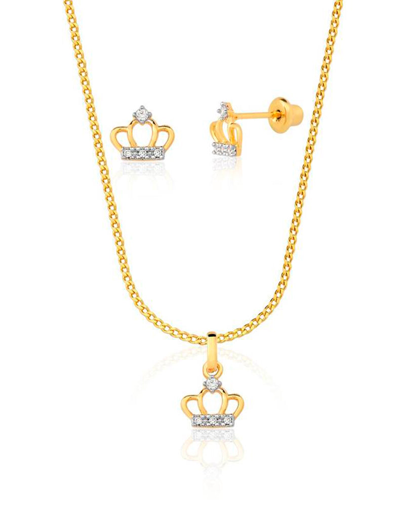 Conjunto Infantil Coroa Cravejada Banho Ouro 18k Zircônia
