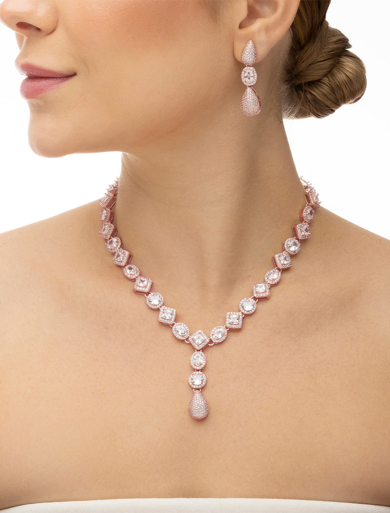 Conjunto Gota Formas Geométricas Cravejada Bijuteria Rosê Zircônia