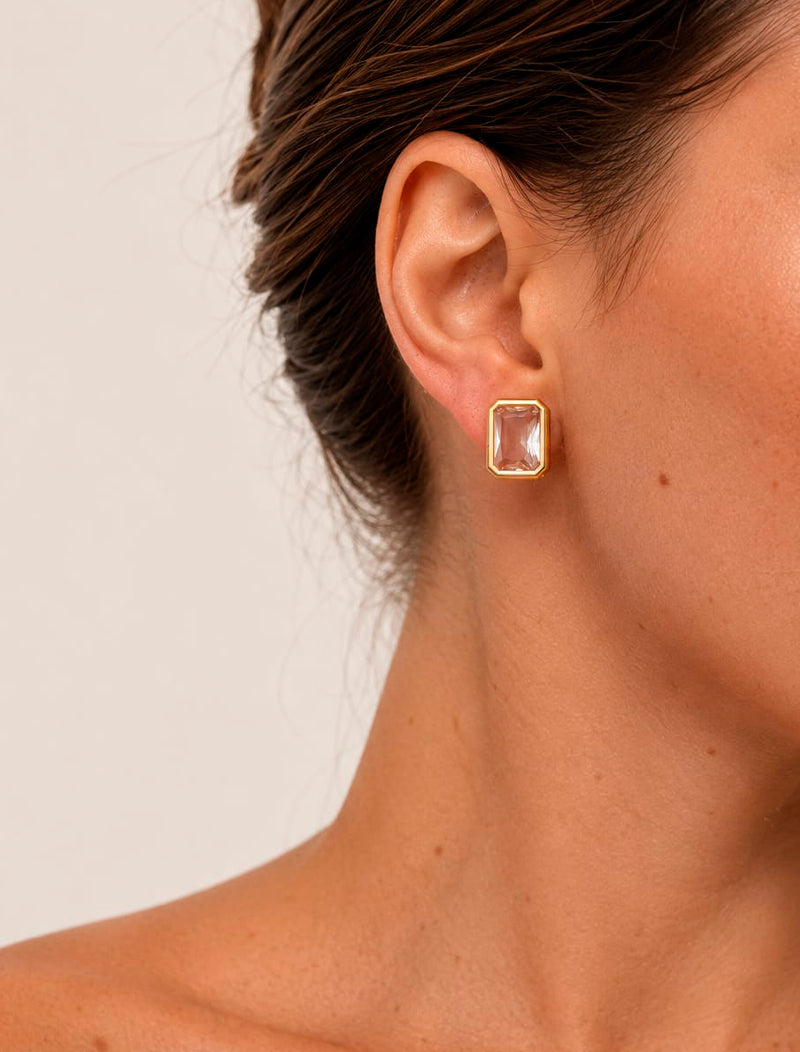 Brinco Retângulo Banho Ouro 18K Cristal