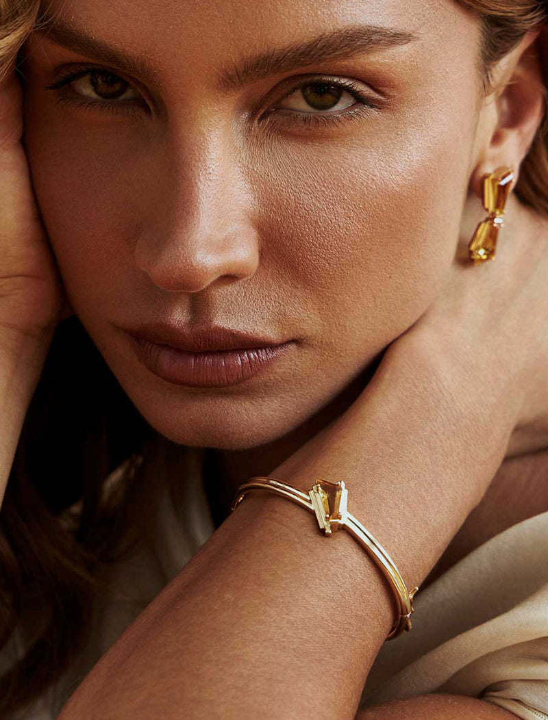 Pulseira Bracelete Formas Geométricas Banho Ouro 18K Cristal
