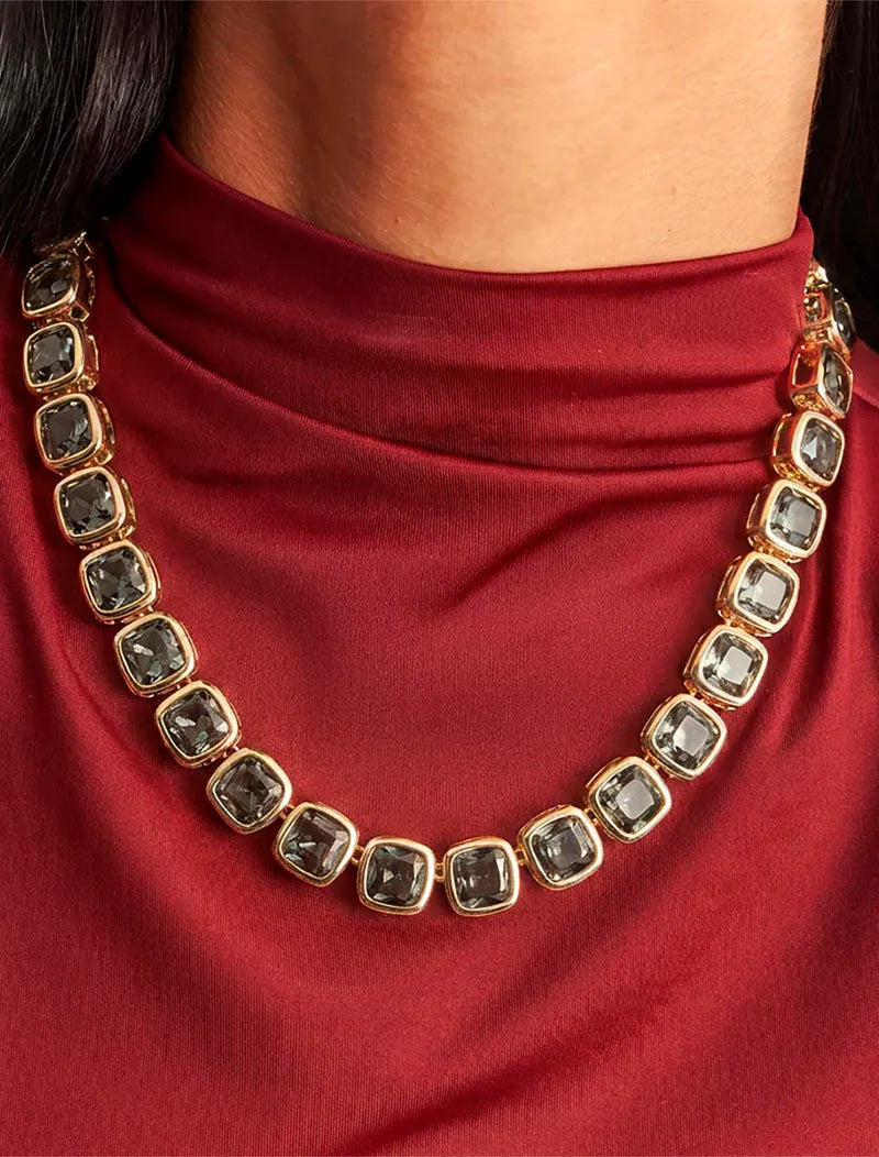 Conjunto Quadrado Fumê Banho Ouro 18K Cristal