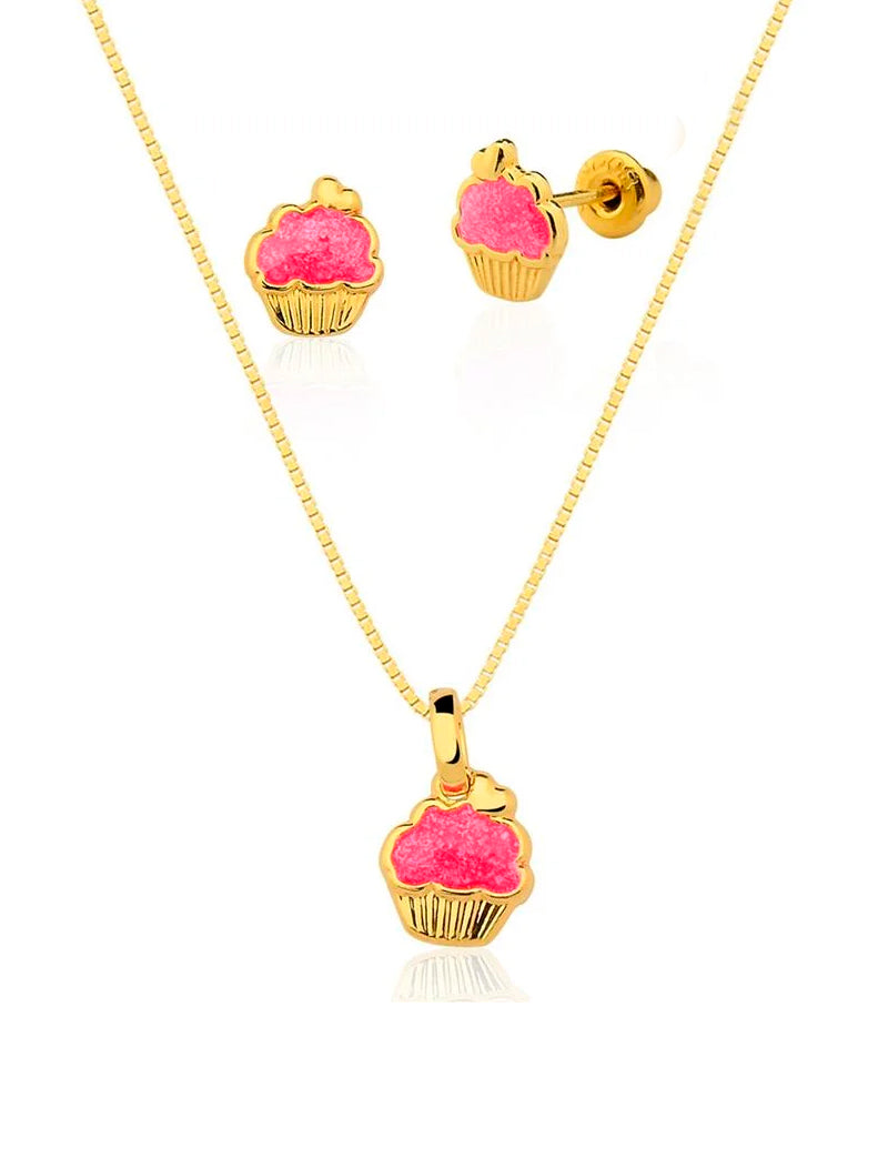 Conjunto Infantil Delicado Cupcake Banho Ouro 18k