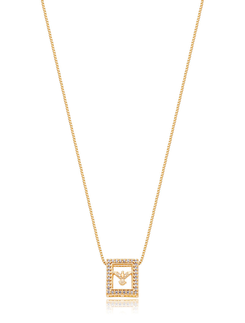 Colar Espírito Santo Cravejado Banho Ouro 18K Zircônia