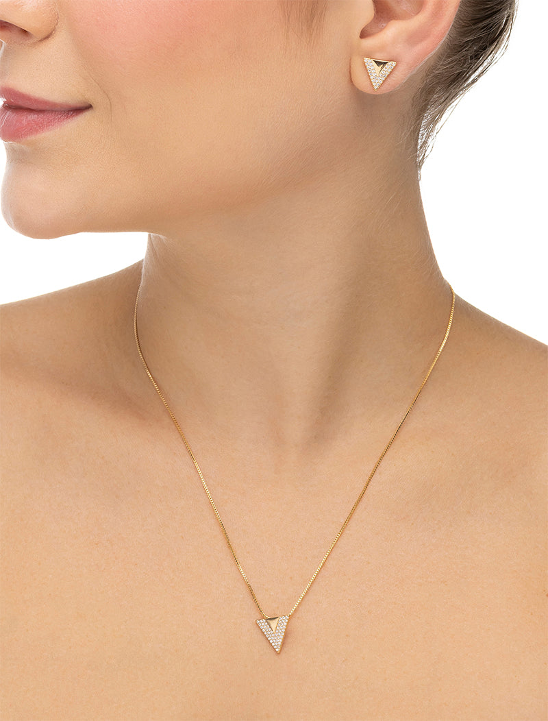 Conjunto V Cravejado Banho Ouro 18K Zircônia