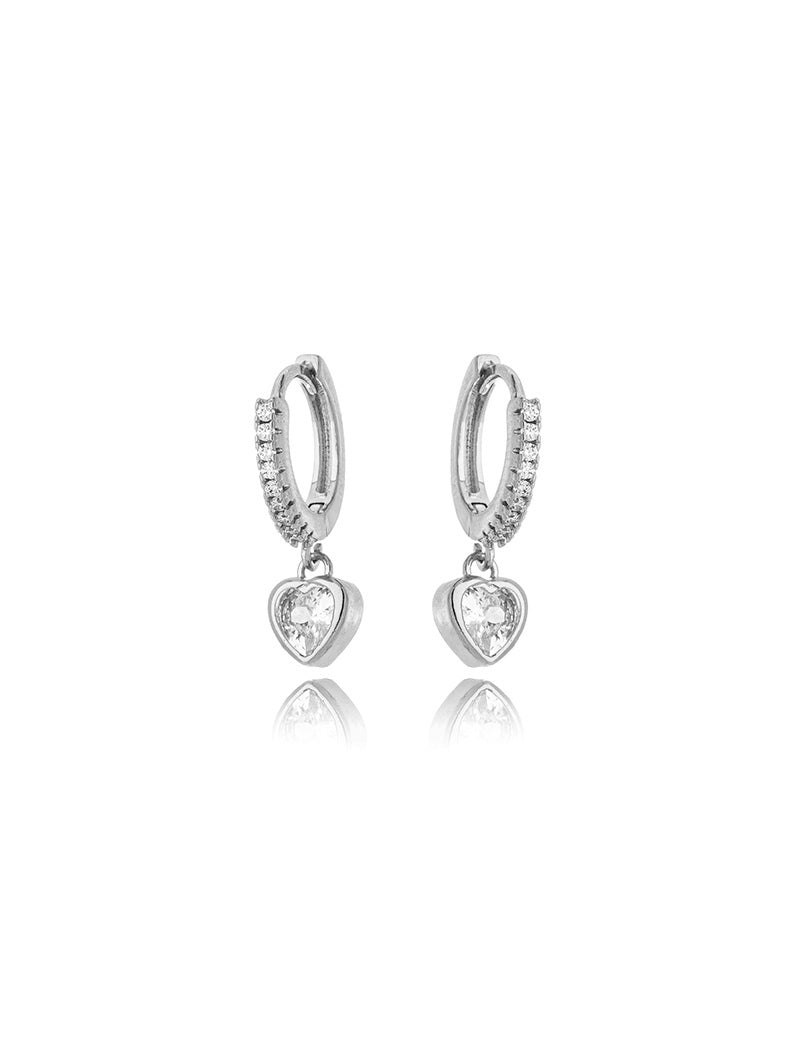 Brinco Delicado Base Argola Cravejada Coração Banho Platina Zircônia
