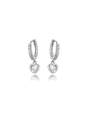 Brinco Delicado Base Argola Cravejada Coração Banho Platina Zircônia