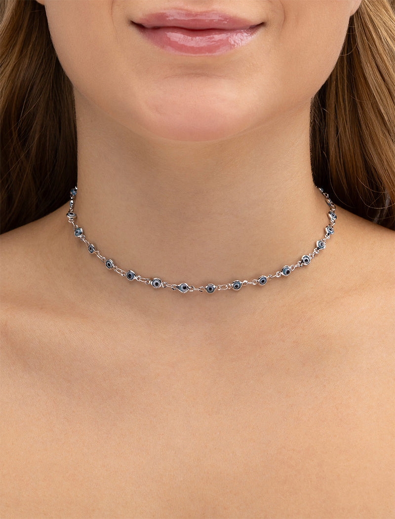 Colar Teen Choker Olho Grego Banho Platina
