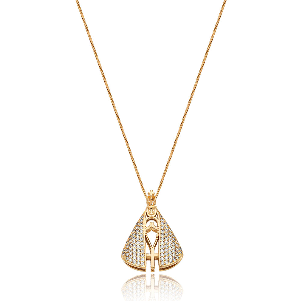 Colar Nossa Senhora Dupla Face Banho Ouro 18K Zircônia