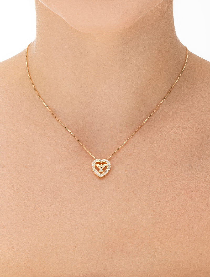 Colar Espírito Santo Coração Cravejado Banho Ouro 18K Zircônia