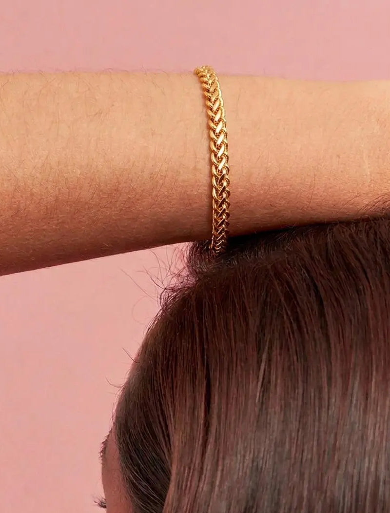 Pulseira Elos Lisos Trançada Achatada Banho Ouro 18K