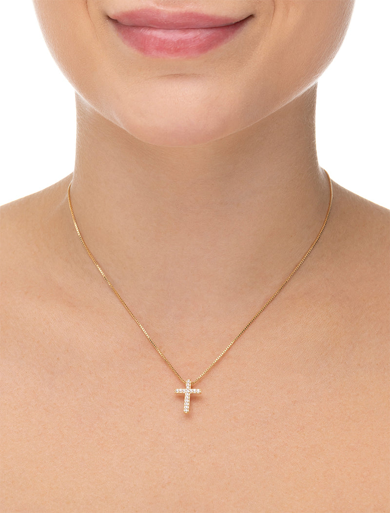 Colar Teen Delicado Mini Cruz Cravejado Banho Ouro 18K Zircônia
