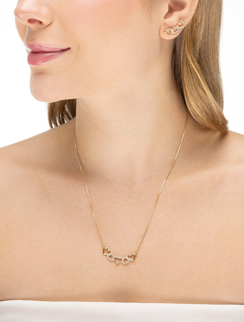 Conjunto Pingente Cinco Corações Banho Ouro 18k