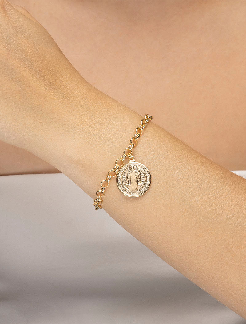 Pulseira Lisa Elos Pingente São Bento Banho Ouro 18k