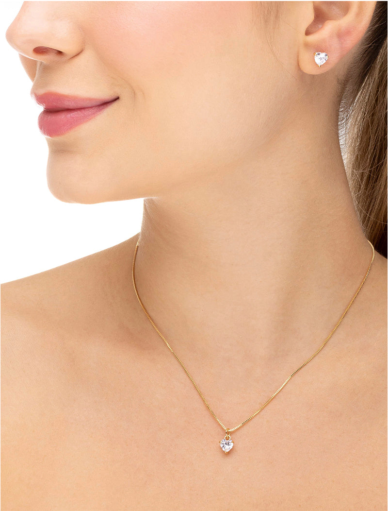 Conjunto Coração Banho Ouro 18K Zircônia