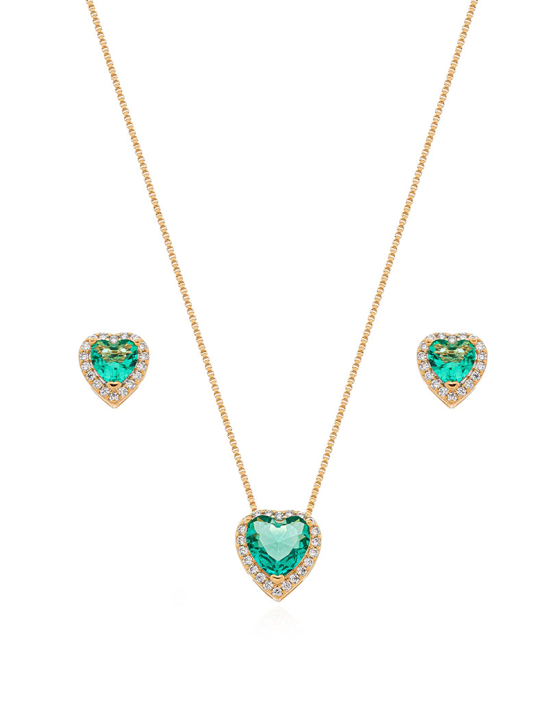 Conjunto Coração Cravejado Banho Ouro 18k Zircônia