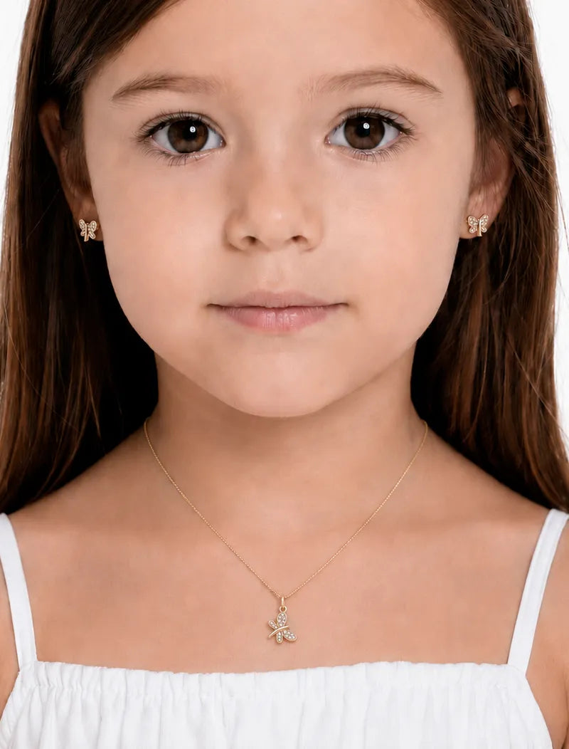 Conjunto Infantil Borboleta Cravejada Banho Ouro 18K Zircônia