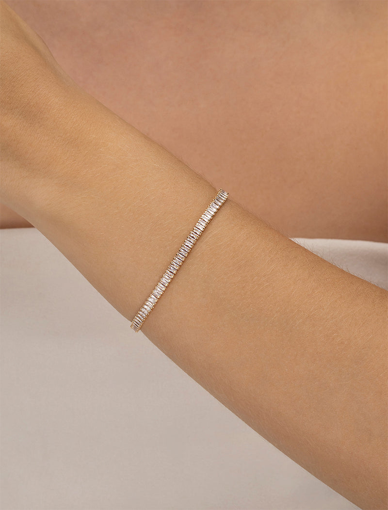 Pulseira Baguete Riviera Delicada Banho Ouro 18K Cristal