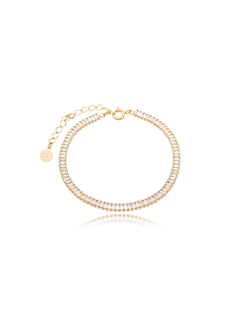 Pulseira Baguete Riviera Delicada Banho Ouro 18K Cristal