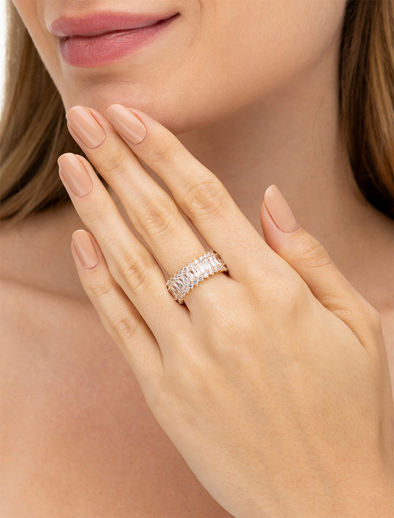 Anel Todo Cravejado Baguete Banho Ouro 18k Cristal