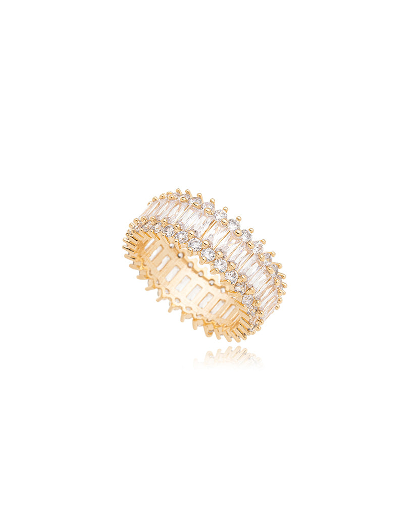 Anel Todo Cravejado Baguete Banho Ouro 18k Cristal