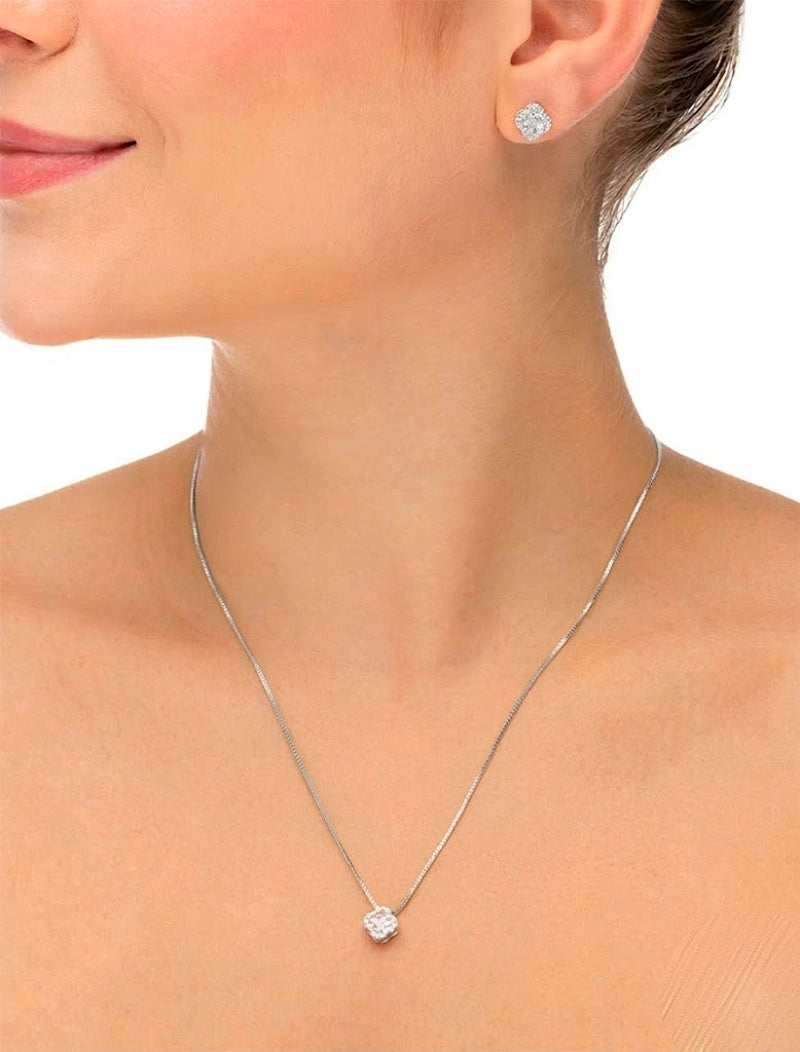 Conjunto Trevo Delicado Cravejado Banho Ródio Cristal e Zircônia