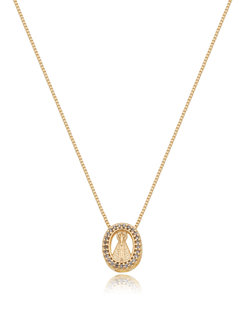 Colar Delicado Nossa Senhora Vazado Cravejado Banho Ouro 18K Zircônia