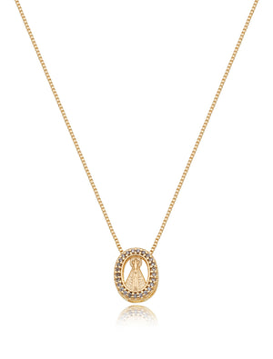 Colar Delicado Nossa Senhora Vazado Cravejado Banho Ouro 18K Zircônia