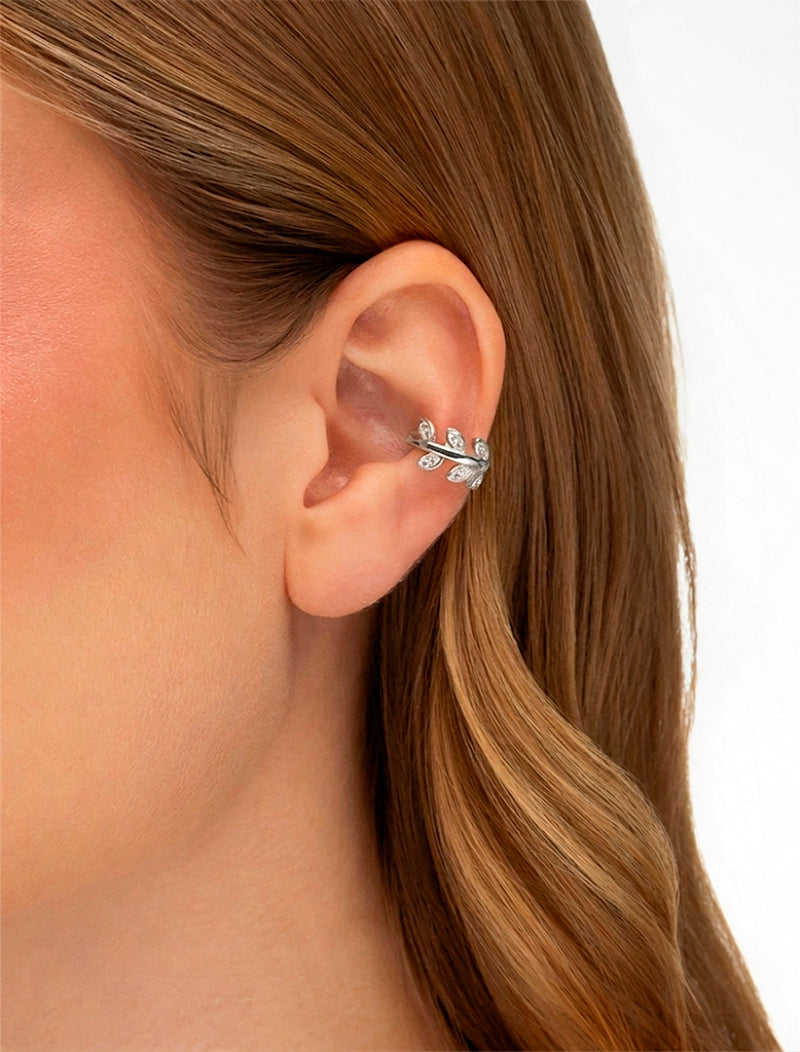 Brinco Piercing Ramo Folhas Cravejado Banho Ródio Zircônia
