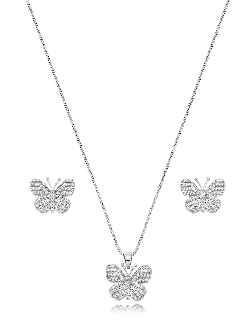 Conjunto Teen Borboleta Cravejada Banho Ródio Zircônia