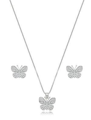 Conjunto Teen Borboleta Cravejada Banho Ródio Zircônia