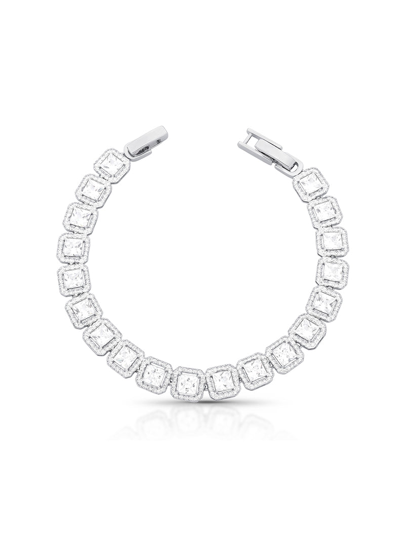 Pulseira Quadrada Cravejada Banho Ródio Cristal Zircônia