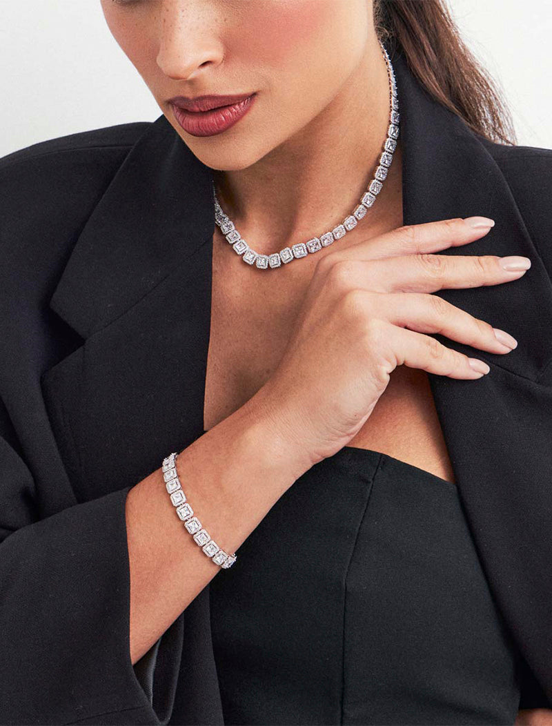 Pulseira Quadrada Cravejada Banho Ródio Cristal Zircônia