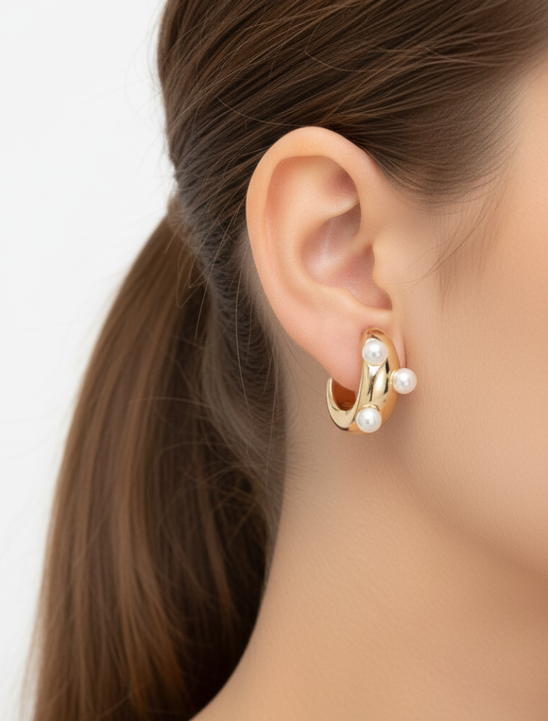 Brinco Meia Argola Aberta Banho Ouro 18K Pérola Shell