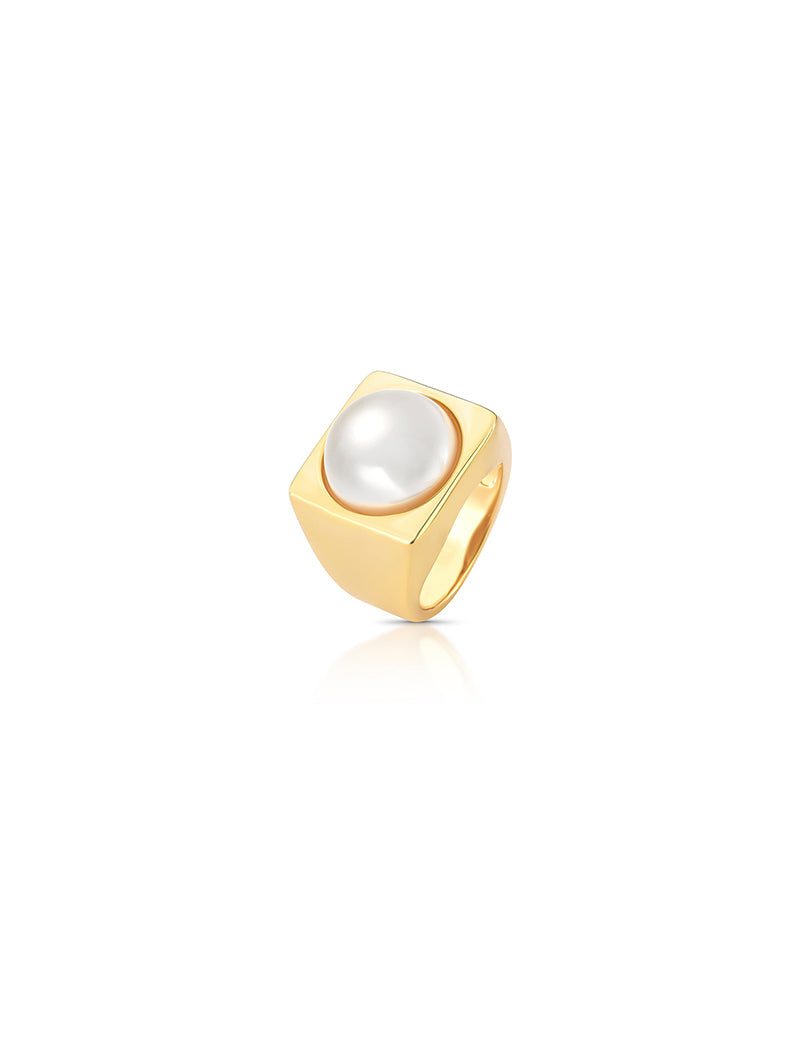 Anel Sinete Fixo Banho Ouro 18K Pérola Shell