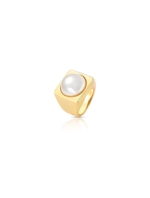 Anel Sinete Fixo Banho Ouro 18K Pérola Shell