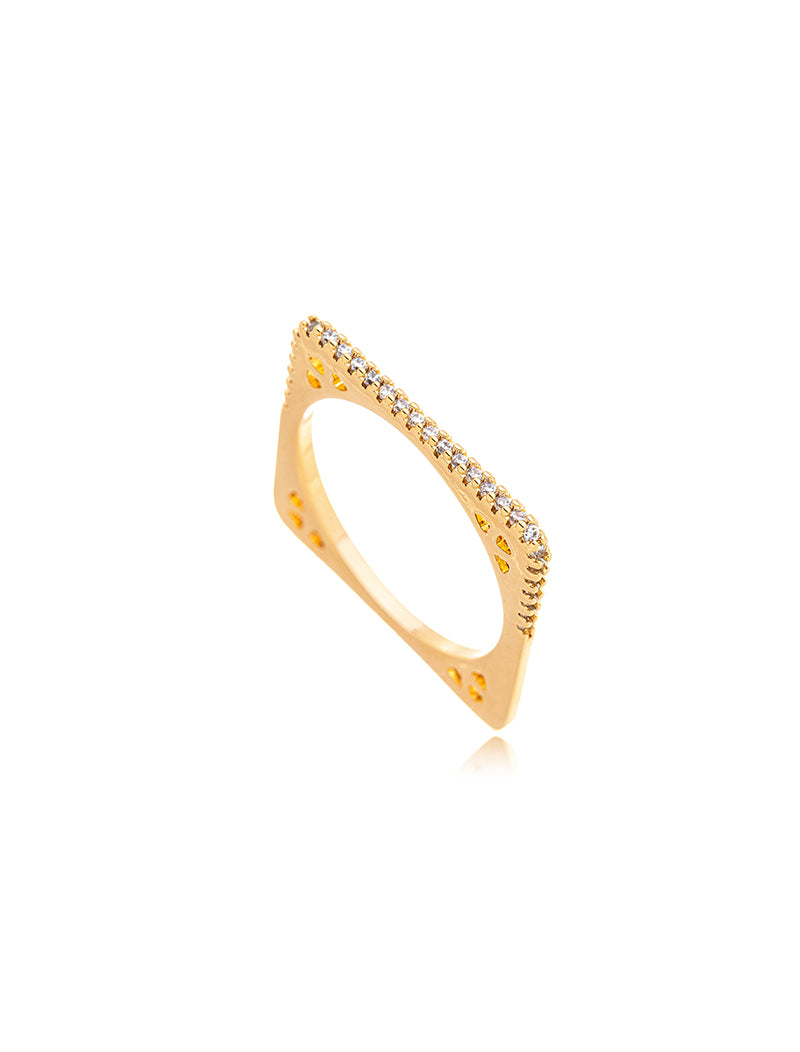 Anel Quadrado Fino Cravejado Banho Ouro 18K Zircônia