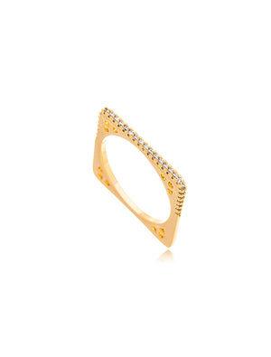 Anel Quadrado Fino Cravejado Banho Ouro 18K Zircônia