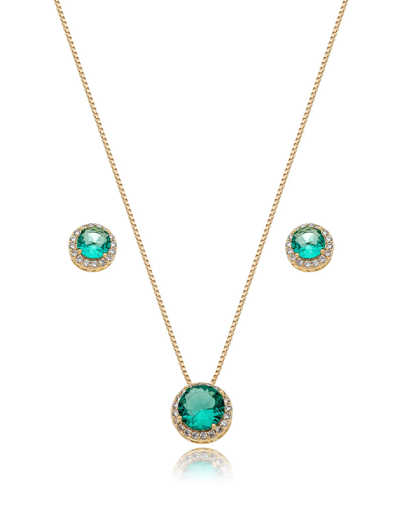 Conjunto Redondo Cravejado Banho Ouro 18k Zircônia