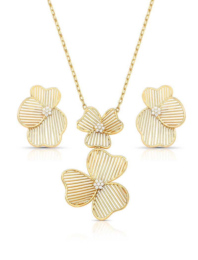 Conjunto Flor Linhas Vazadas Banho Ouro 18k Detalhe Cravejado em Zircônia
