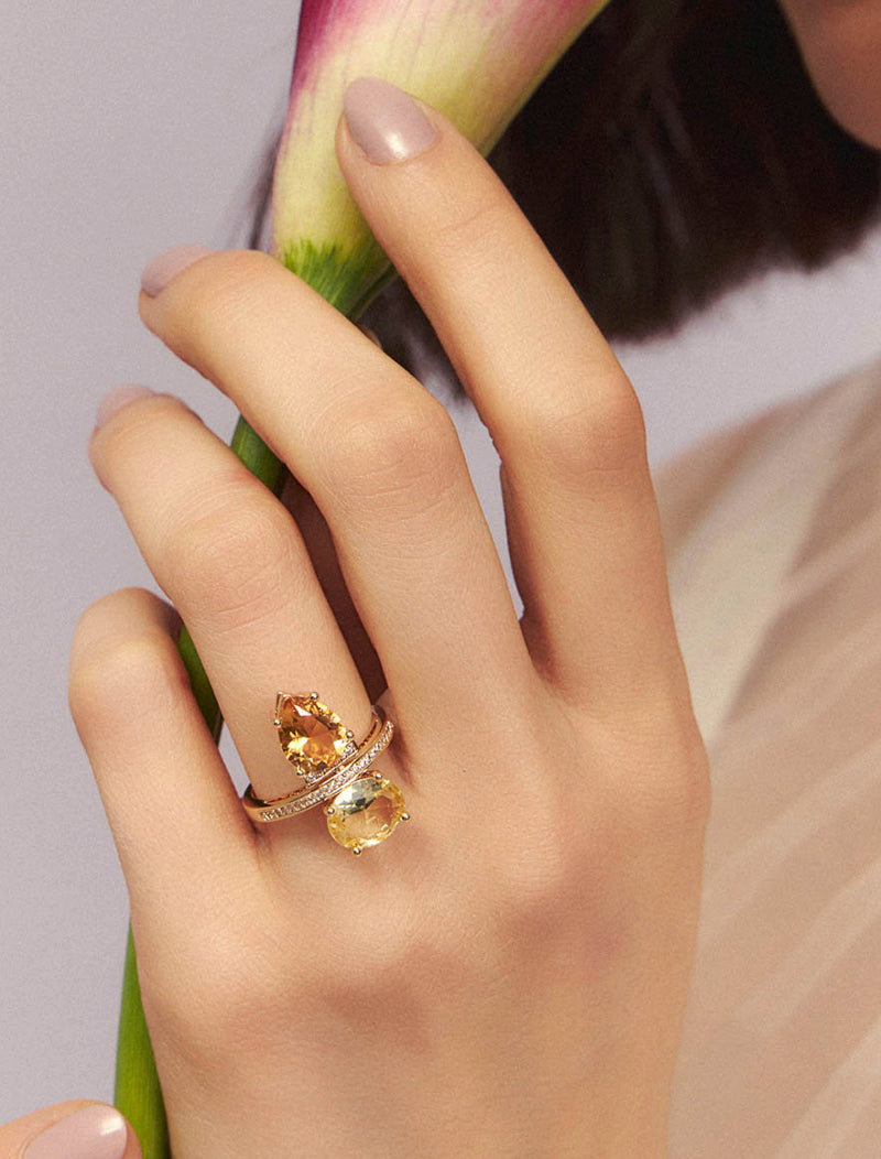 Anel Gota e Oval Detalhe Cravejado Banho Ouro 18k Cristais