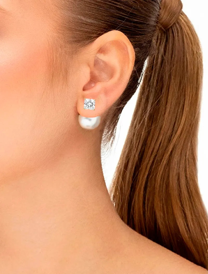 Brinco Ear Jacket Quadrado Cristal e Pérola Shell Banho Ouro 18K
