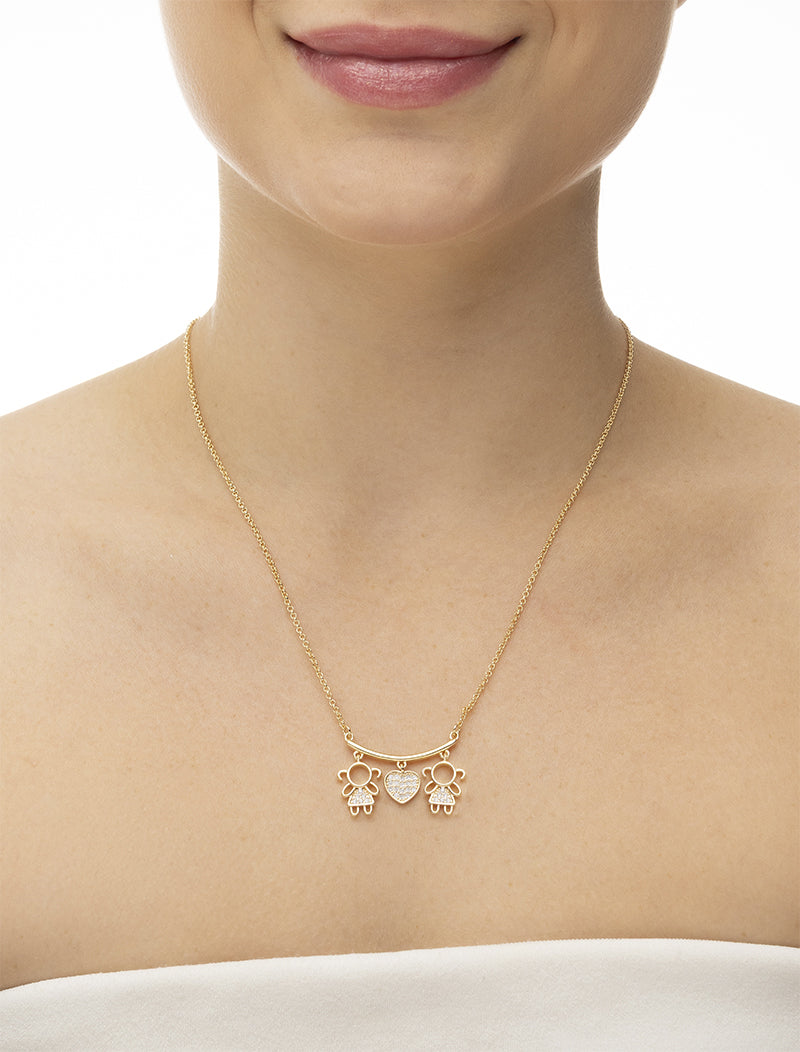 Colar Pingentes Meninas e Coração Cravejado Banho Ouro 18K
