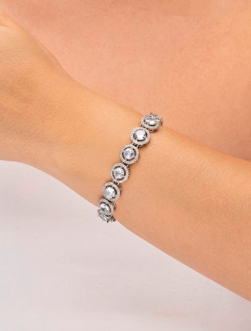 Pulseira Glam Pedra Redonda Volta Cravejada Banho Ródio Cristal
