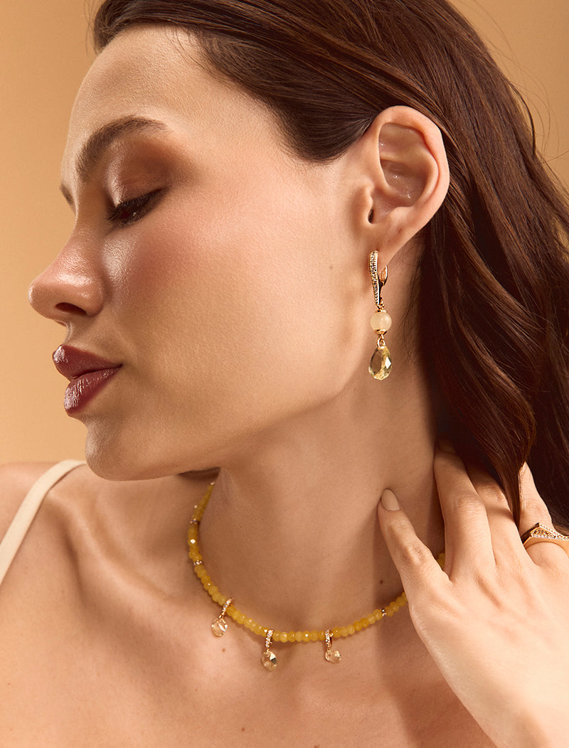 Colar Luz Choker Pingentes Gota Cristal Banho Ouro 18K Jade