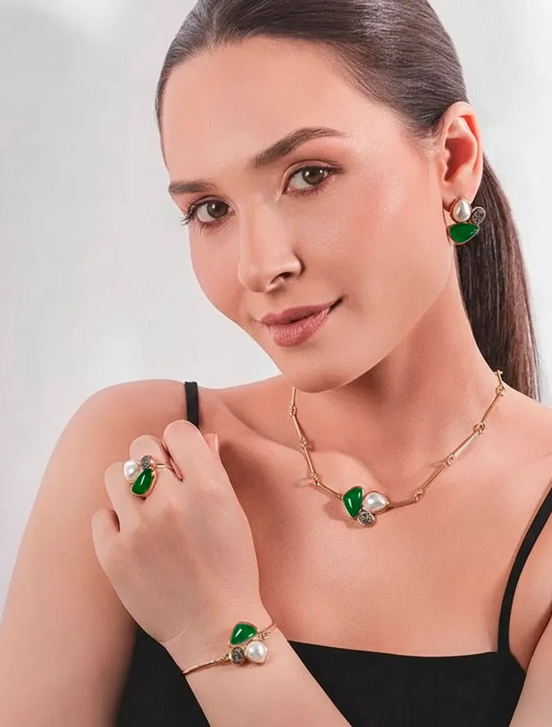 Brinco 3 Formas Geométricas Banho Ouro 18k Agata Verde E Pérola Shell