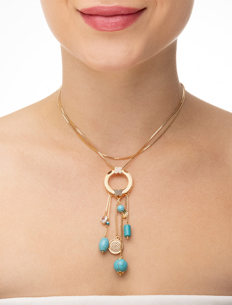 Colar Masha Longo Veneziana Pingentes Banho Ouro 18K Howlita Zircônia